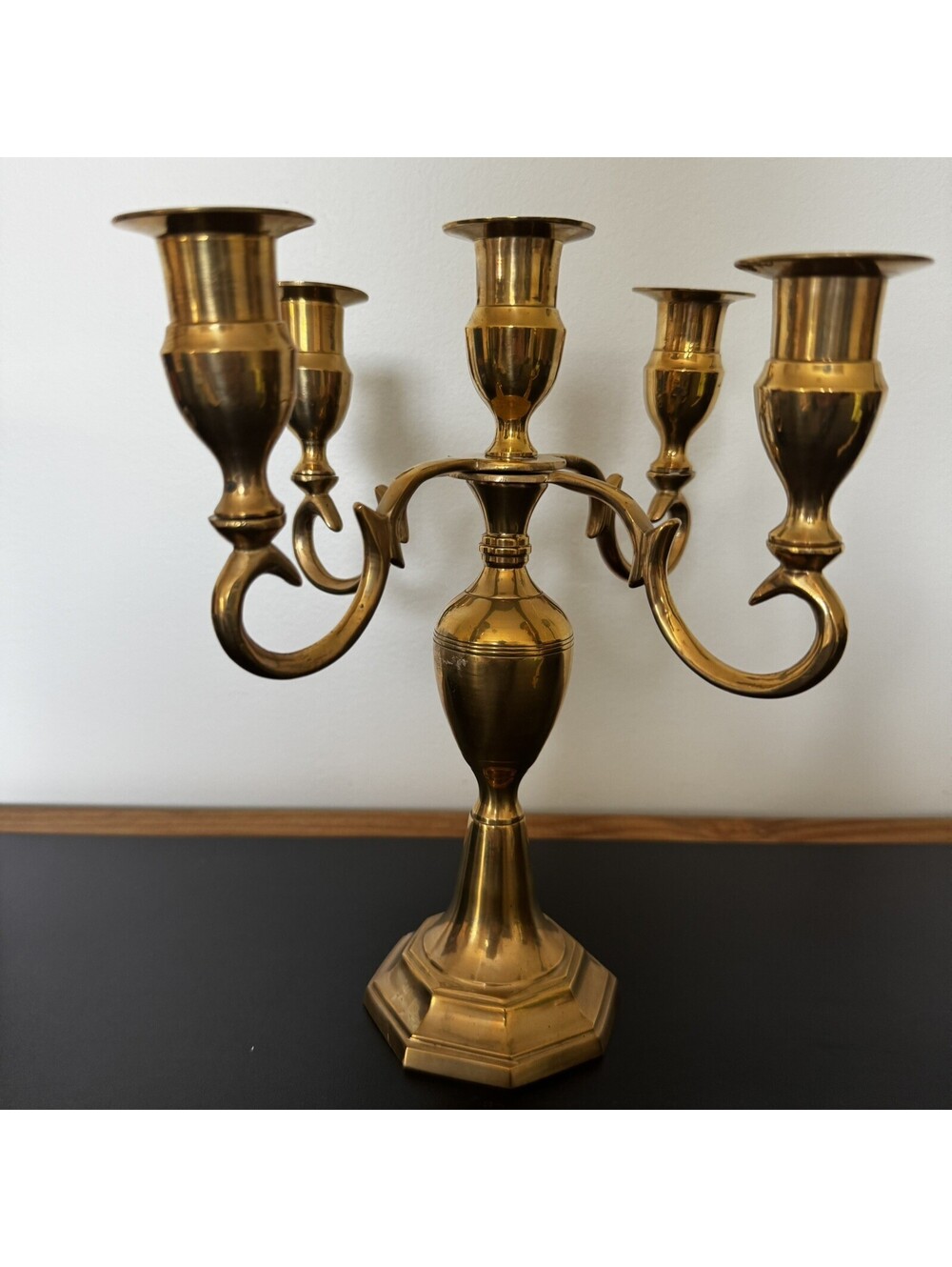 Vtg Solid Brass Candelabra 4 Ornate Scrollwork Arms 5 Candle Holder 10” India